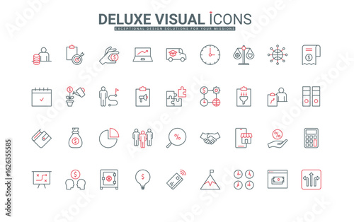 Business process, direction of development and strategy, idea for achievement line icons set. Office work with contract and documents, startup thin black and red outline symbols vector illustration