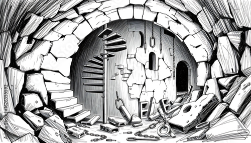 A black-and-white sketch of a forgotten spiral staircase emerging from the ground, leading into a broken underground vault with hanging chains and loose stones.
