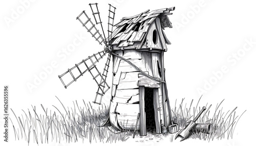 A black-and-white sketch of a derelict windmill with broken blades and a rotted wooden roof, surrounded by tall grass and abandoned tools.
