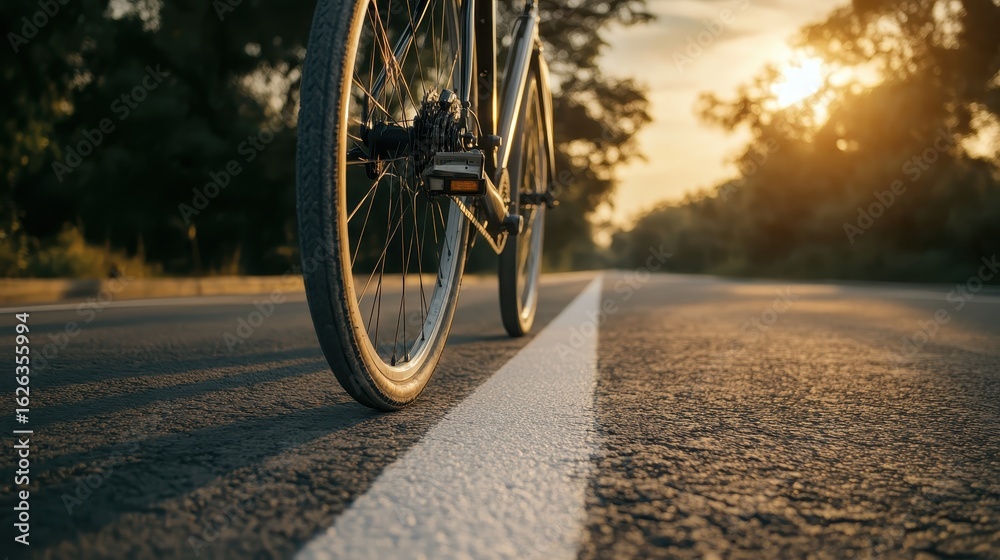 Obraz premium Bicycle Wheel on Road at Sunset with Warm Golden Light Atmosphere