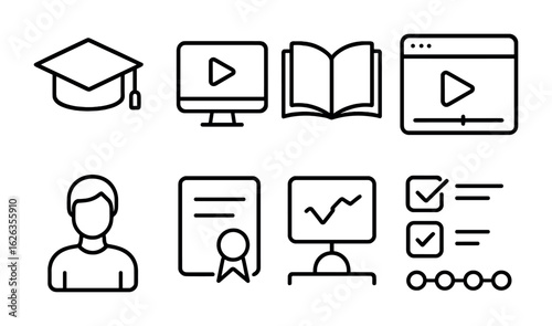 E-Learning Icons Set. Outline icon set of e-learning icons: graduation cap, online course, open book, video