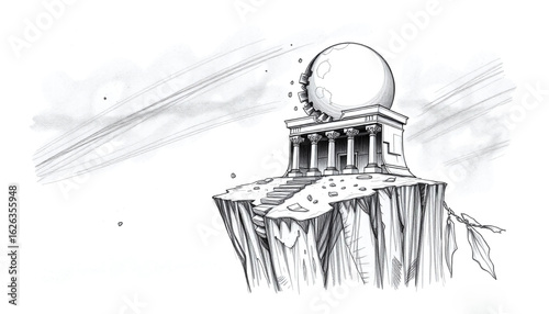 A black-and-white sketch of a shattered moon temple on a cliff edge, its lunar altar cracked and glowing stones scattered into the void.

