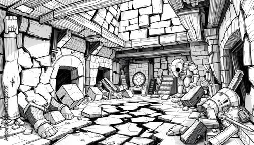 A black-and-white sketch of a collapsed golem workshop, with broken stone giants in pieces and shattered runes etched into the floor.
