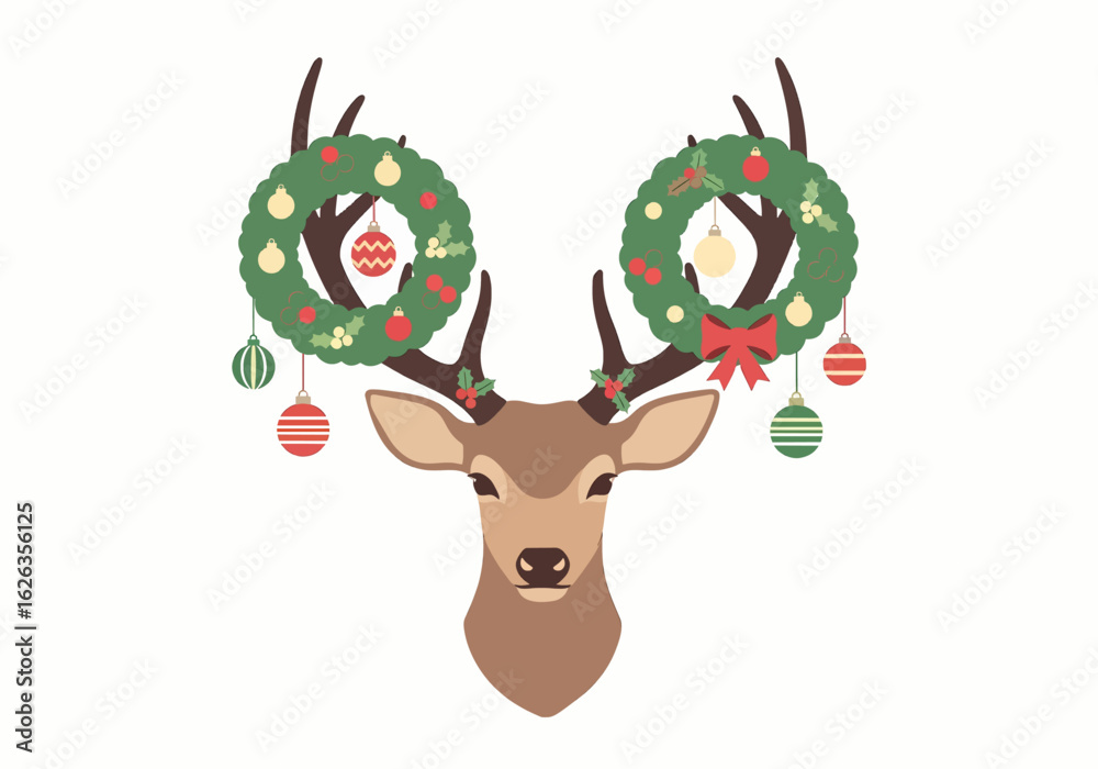 Fototapeta premium Christmas Deer Head with Wreath Antlers Vector