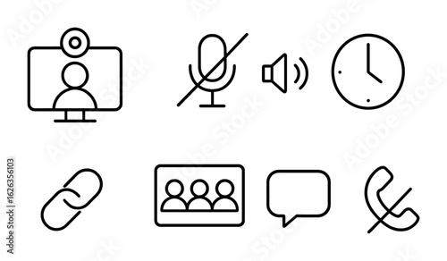 Video Conference Icons. Outline icon set of video conference learning: webcam icon, mic toggle, speaker icon,