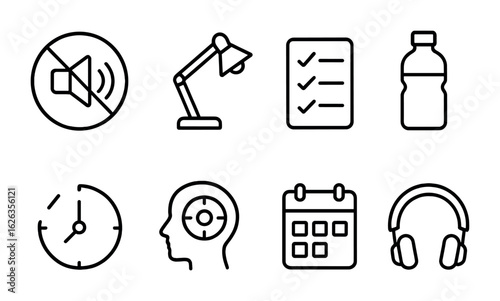 Remote Study Icons. Outline icon set of remote study habits: quiet zone, study lamp, checklist icon, water
