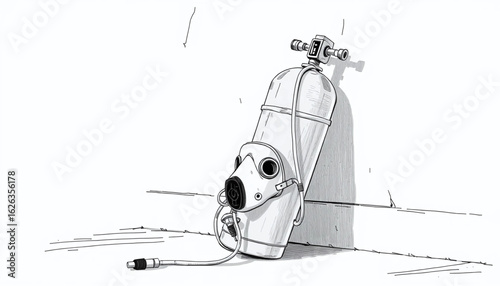 A black-and-white sketch of a crushed oxygen tank leaning against a peeling wall, its mask deflated and tangled in frayed tubing.

