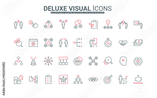 Team organization and management for business decision making, HR line icons set. Communication of employees in group, partnership, procedure thin black and red outline symbols vector illustration