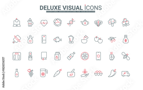 Diet and healthy nutrition line icons set. Food and drink online recipes for mobile application, spices for cooking and kitchen appliances thin black and red outline symbols vector illustration