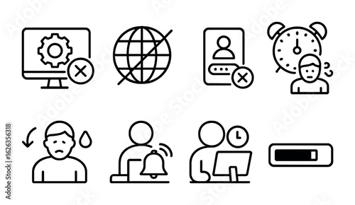 Online Learning Challenges Icons. Outline icon set of online learning challenges: tech error, internet icon,