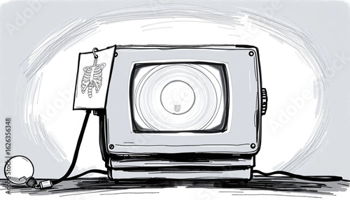 A black-and-white sketch of an X-ray viewer flickering faintly, with one skeletal image left pinned askew, the bulb dying mid-glow.
