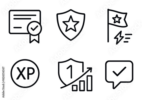 Learning Achievement Icons. Outline icon set of learning achievement icons: course completed, badge unlocked,