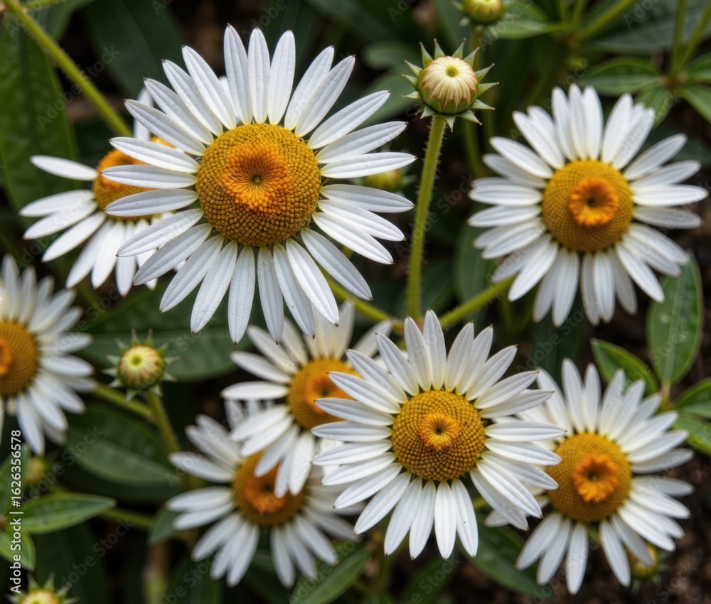 Fototapeta premium Close up of a cluster of white daisy flowers with yellow centers in a garden