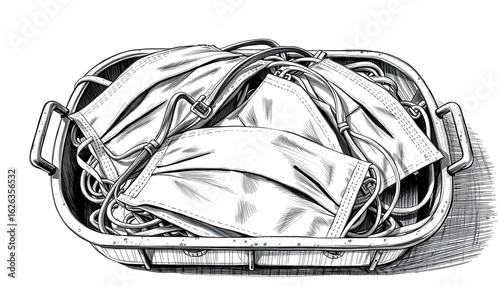 A black-and-white sketch of a metal tray holding surgical masks turned brittle with age, straps snapped and layered in dust.
