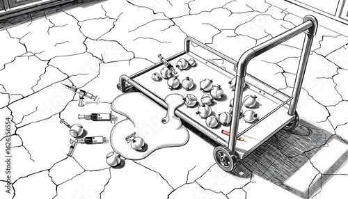 A black-and-white sketch of an overturned medicine trolley on cracked linoleum, syringes and cotton balls frozen mid-spill.
