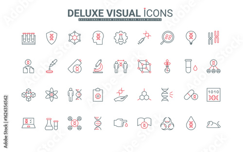 Genetic analysis, chemistry and biotechnology, molecular research, investigation line icons set. Microscope and magnifying glass for DNA test thin black and red outline symbols vector illustration