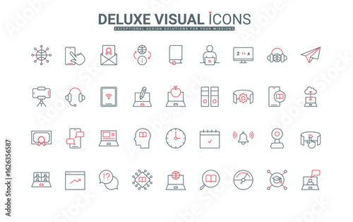 Online education, study and instructions, tutorials line icons set. Class lesson with teacher and student, seminar and webinar, homework thin black and red outline symbols vector illustration