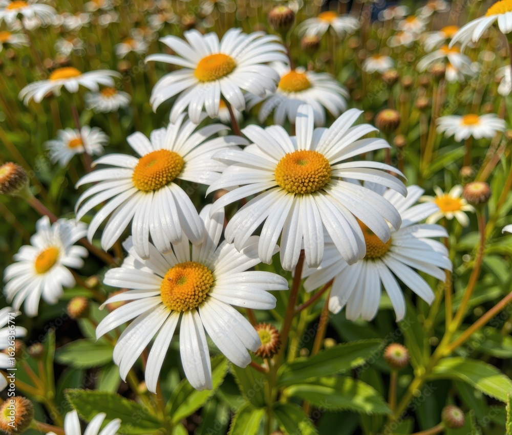 Obraz premium Close up of a cluster of white daisies with yellow centers in a field
