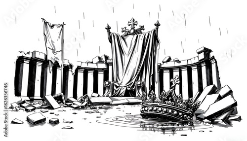 A black-and-white sketch of a collapsed throne room, its royal banners torn and a cracked crown resting in a pool of rainwater.
