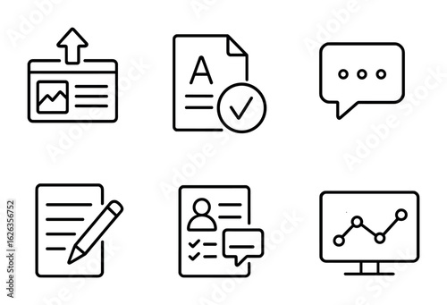 Teacher Tools Icons. Outline icon set of teacher tools online: content upload, grading icon, feedback bubble,