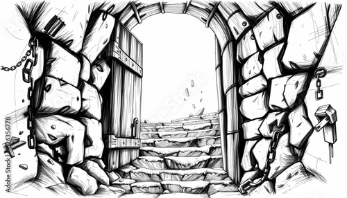 A black-and-white sketch of a sunken dungeon gate, its rusted hinges snapped and chains trailing into shadowy, moss-covered stairs.
