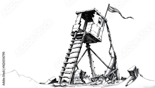 A black-and-white sketch of a ruined watchtower leaning precariously, with shattered wooden ladders and a burned flag fluttering weakly.
