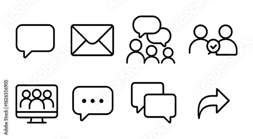 Student Communication Icons. Outline icon set of student communication: message bubble, email icon, group chat