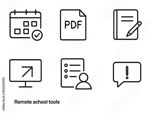 Remote School Icon Set. Outline icon set of remote school tools: schedule planner, PDF viewer, homework icon,