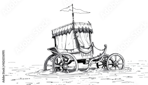 A black-and-white sketch of a ceremonial chariot with faded banners and gold trim flaking off, stuck deep in a dried-up riverbed.
