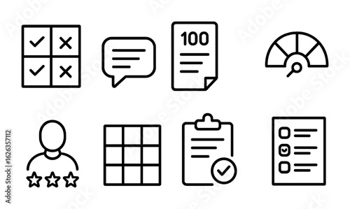 Student Assessment Icons. Outline icon set of student assessment tools: rubric icon, feedback comment, test