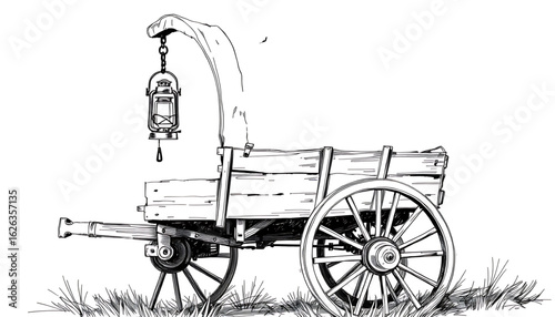 A black-and-white sketch of a wagon stripped of its canopy, with cracked spokes and a lantern still swinging from a rusted hook.
