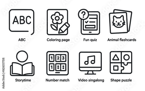 Preschool Online Tools Icons. Outline icon set of online preschool tools: ABC icon, coloring page, fun quiz,