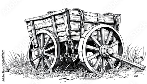 A black-and-white sketch of a broken siege supply wagon with shattered wheels, its heavy chains slack and tangled in weeds.
