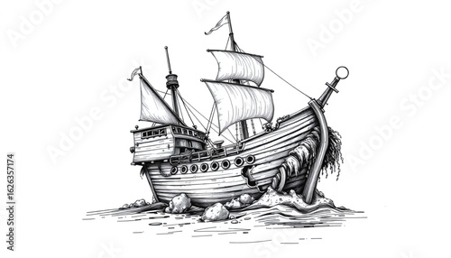 A black-and-white sketch of a sunken pirate ship with a broken hull rising from black waters, encrusted with barnacles and seaweed.
