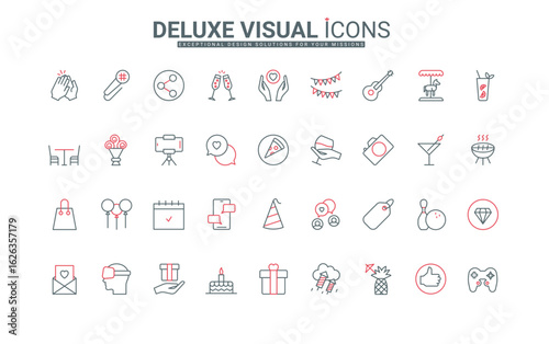 Food and drink, decoration of fun birthday party line icon set. Music and gifts for happy event and holiday, alcohol menu of banquet and balloons thin black and red outline symbols vector illustration