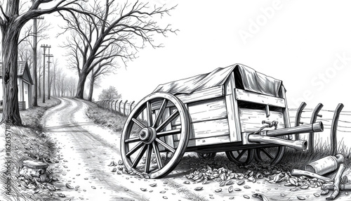 A black-and-white sketch of a plague cart with a broken axle, toppled beside a long-abandoned village road, covered in leaves and dust.
