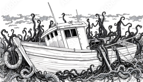 A black-and-white sketch of a decaying fishing boat tangled in a forest of kelp, its oars missing and the cabin caved in.
