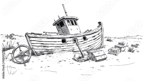 A black-and-white sketch of a wrecked schooner buried in the sand dunes, its wheelhouse shattered and anchor rusted beside broken crates.
