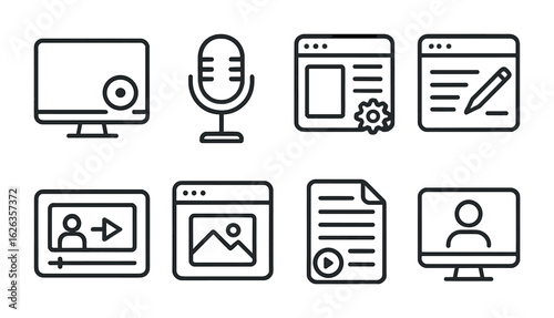 Online Education Icons. Outline icon set of content creation for online education: record screen, voice-over
