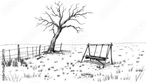 A black-and-white sketch of a desolate pasture with a fence in ruins and the skeletal remains of a feeding trough under a dead tree.
