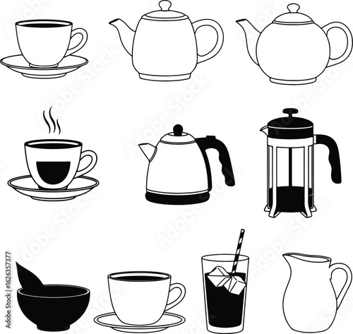 Silhouette tea coffee kitchenware outline collection vector Illustrator