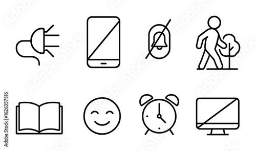 Digital Detox Icons. Outline icon set of digital detox: unplug icon, phone off, quiet mode, nature walk, book