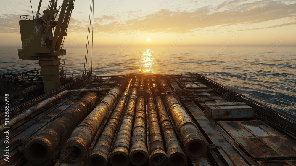 Naklejka premium Serene Sunset Over Calm Ocean with Industrial Equipment on Deck