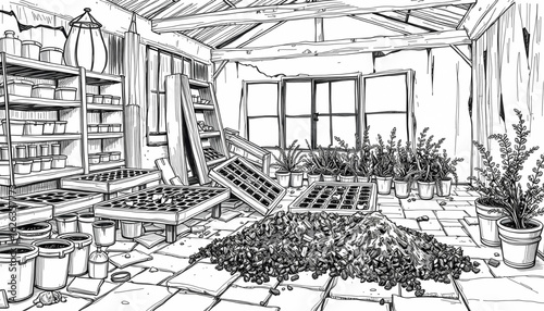 A black-and-white sketch of a ruined nursery with shattered seed trays, fallen shelving, and long-dried soil spilling onto the stone floor.
