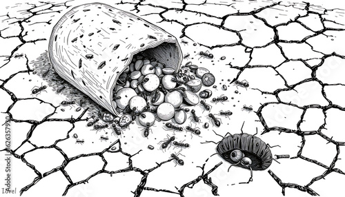 A black-and-white sketch of an overturned ant hill spilling out across cracked soil, with scattered ant carcasses and broken tunnels visible beneath.
