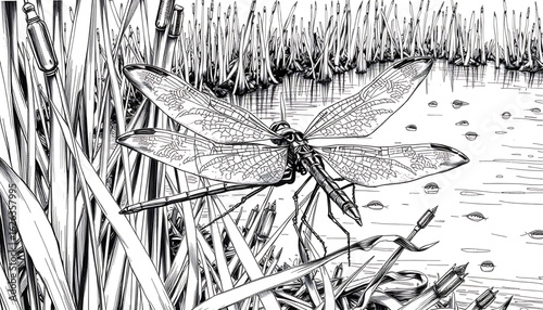 A black-and-white sketch of a dragonfly skeleton tangled in reeds near a dried-up pond; its wings tattered like burnt lace.
