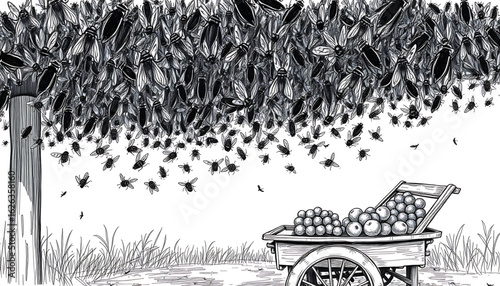 A black-and-white sketch of a swarm of flies suspended midair over an abandoned fruit cart, each drawn in fine shadowed detail.

