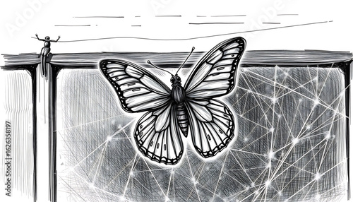 A black-and-white sketch of a dried butterfly stuck in a spider’s web spun across the ribs of an old window frame. Dust gathers in the corners, and the wings sag with stillness.
