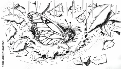 A black-and-white sketch of a butterfly half-buried in dirt, wings peeking through dried leaves and mud, as if forgotten during a storm.

