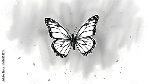 A black-and-white sketch of a butterfly caught in mid-descent, falling through air thick with ash, its form delicate but defeated.
